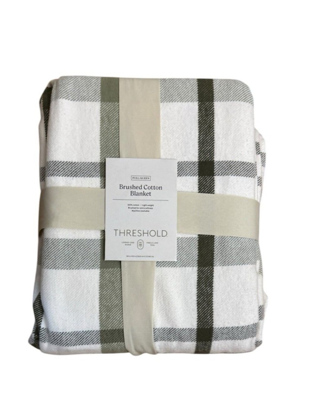 Threshold Full/Queen Brushed Cotton Blanket Cream & Green 90 in x 92 in New
